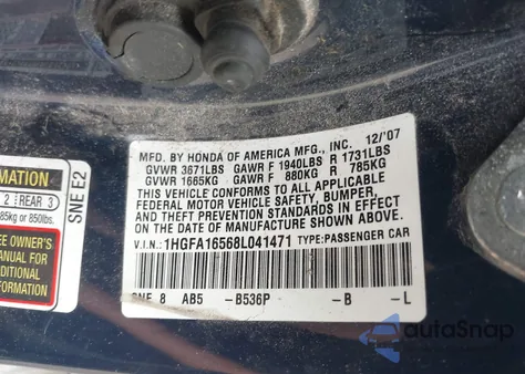 2008 Honda Civic Lx из США, поврежденный, VIN 1HGFA16568L041471